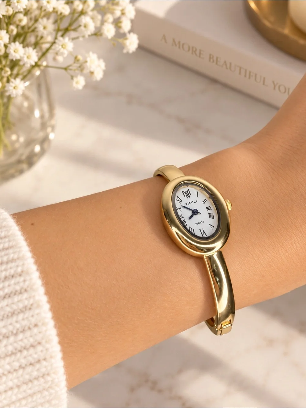 Gold Oval Quartz Bracelet Statement Watch
